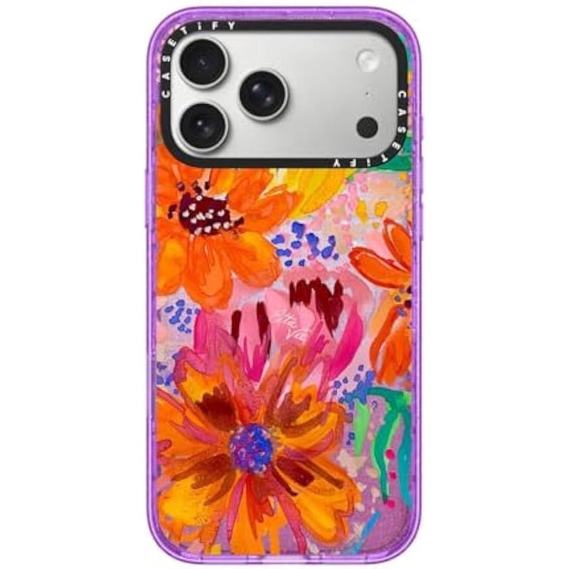 Casetify Impact iPhone 17 Pro Max Case 【Slim/Compatible with Magsafe / 8.2 ft. 4X Military Grade Drop Protection】 - EttaVee Watercolor Fleurs - Glitter Purple - Image 1