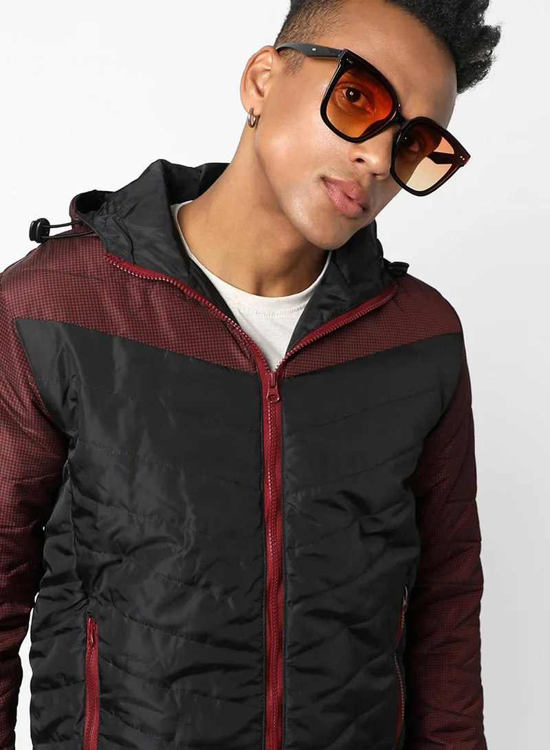 Men's Black & Maroon Micro-Checkered Quilted Puffer Jacket For Casual Wear | Hooded Neck | Long Sleeve | Zipper Closure | Polyester Jacket Crafted With Comfort Fit For Everyday Wear