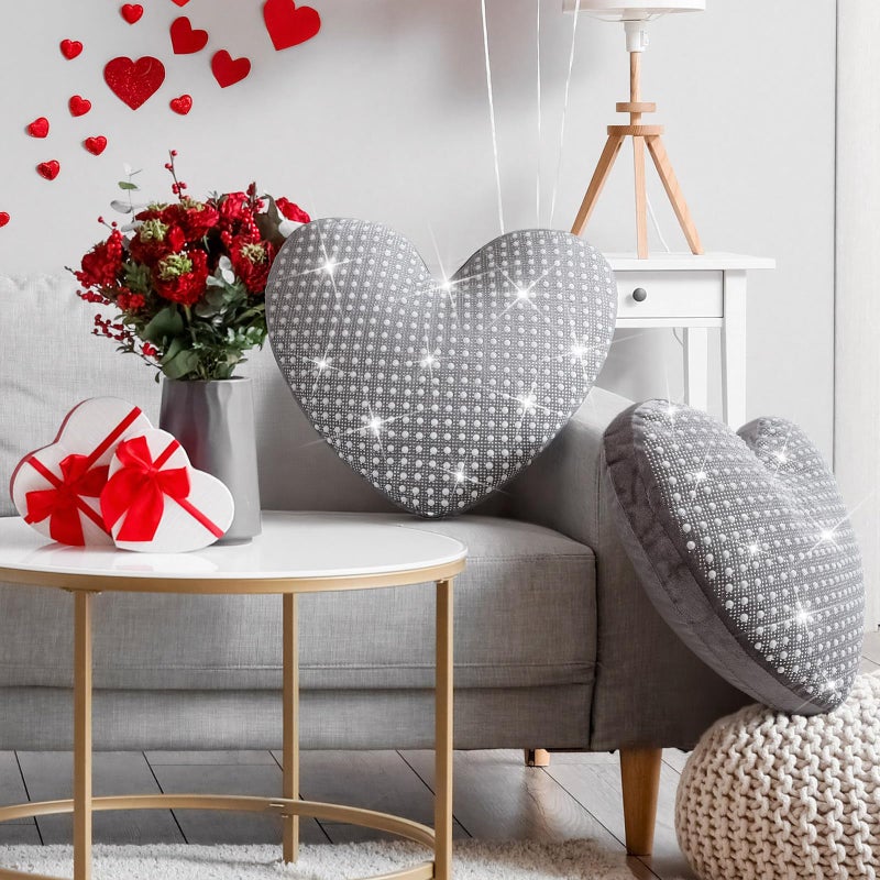 AceOrbit 2 Pcs Rhinestones Heart Pillows with Sparkles Faux Crystal Pearls on Velvet Throw Pillow Glitter Heart Shaped Cushion for Wedding Decoration Bed Sofa Mom Birthday Gifts, 13.8 x 11.8 Inch - Image 4