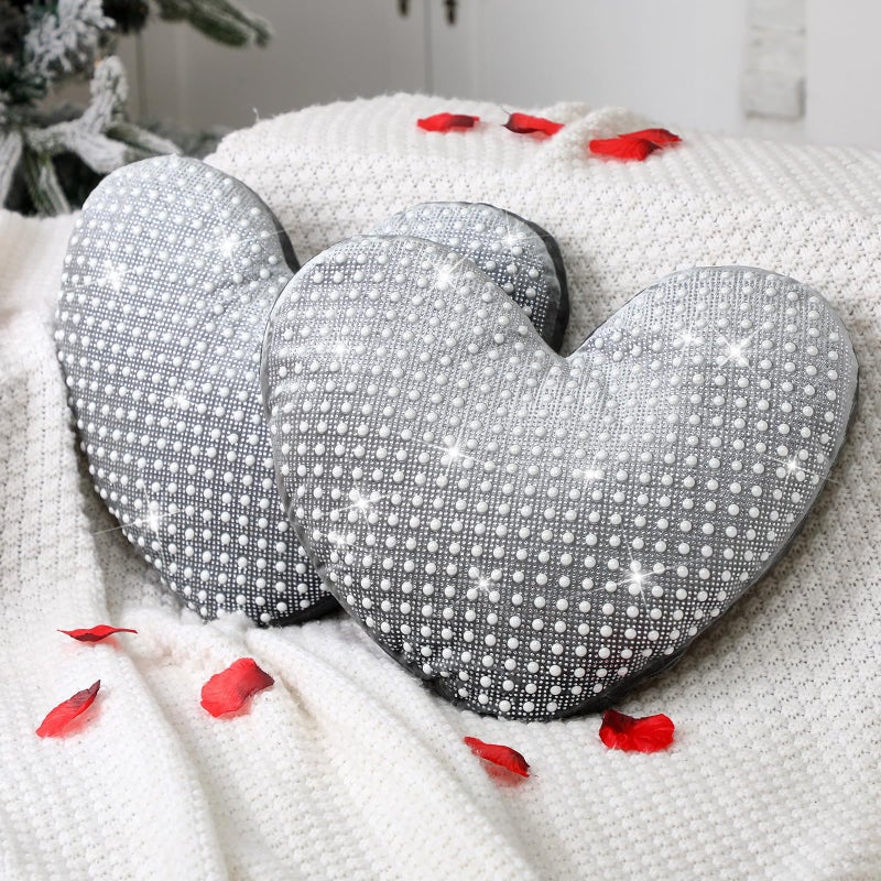 AceOrbit 2 Pcs Rhinestones Heart Pillows with Sparkles Faux Crystal Pearls on Velvet Throw Pillow Glitter Heart Shaped Cushion for Wedding Decoration Bed Sofa Mom Birthday Gifts, 13.8 x 11.8 Inch - Image 1