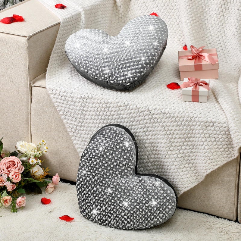 AceOrbit 2 Pcs Rhinestones Heart Pillows with Sparkles Faux Crystal Pearls on Velvet Throw Pillow Glitter Heart Shaped Cushion for Wedding Decoration Bed Sofa Mom Birthday Gifts, 13.8 x 11.8 Inch - Image 5