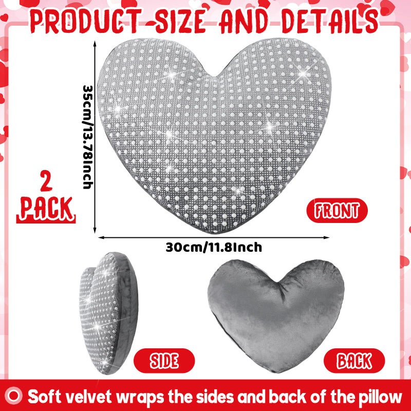 AceOrbit 2 Pcs Rhinestones Heart Pillows with Sparkles Faux Crystal Pearls on Velvet Throw Pillow Glitter Heart Shaped Cushion for Wedding Decoration Bed Sofa Mom Birthday Gifts, 13.8 x 11.8 Inch - Image 2