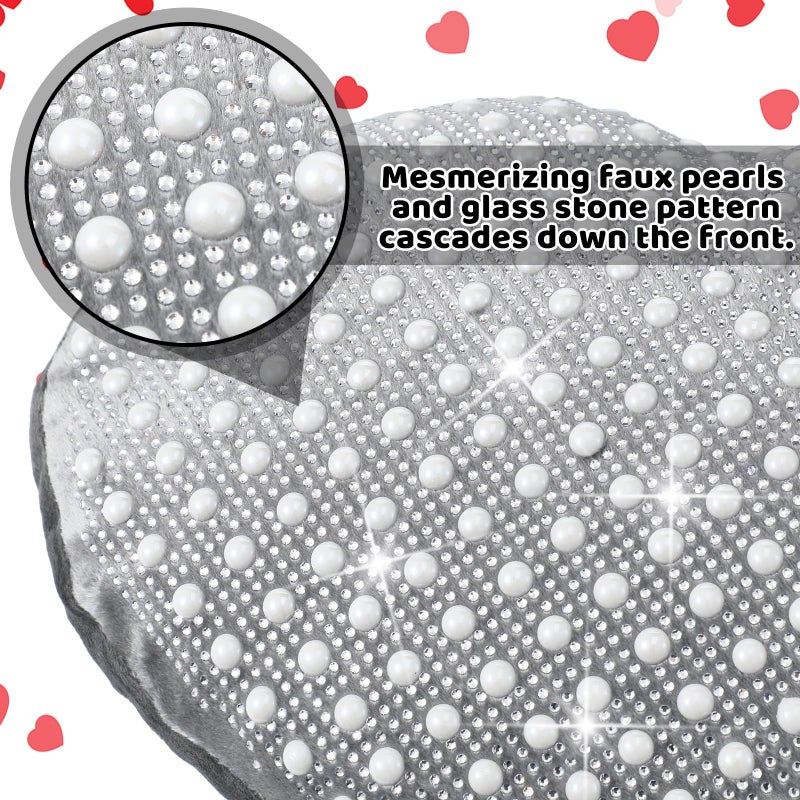 AceOrbit 2 Pcs Rhinestones Heart Pillows with Sparkles Faux Crystal Pearls on Velvet Throw Pillow Glitter Heart Shaped Cushion for Wedding Decoration Bed Sofa Mom Birthday Gifts, 13.8 x 11.8 Inch - Image 3