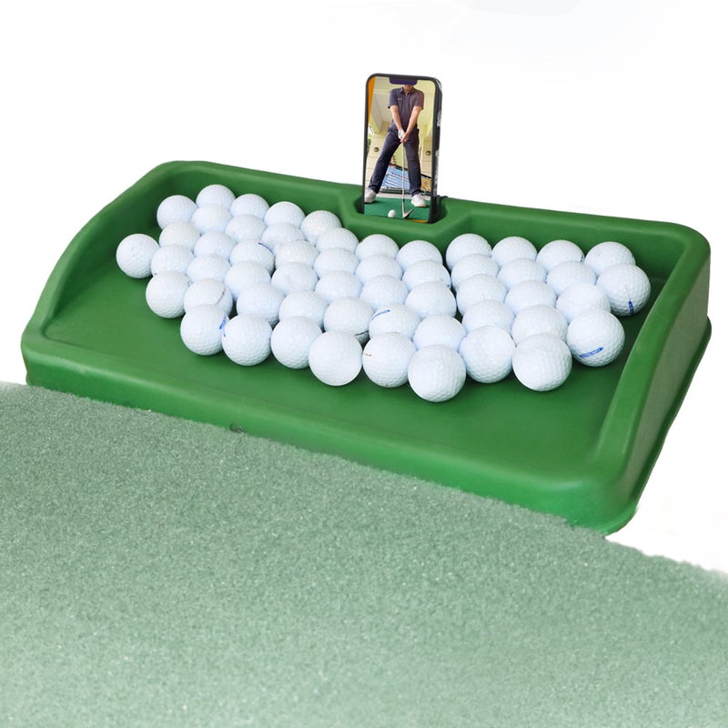 Heavy Duty Golf Ball Tray with Cell Phone Holder Record Golf Swing 100 Ball Capacity High Impact Rubber Golf Tray Compatible with All Hitting Mats