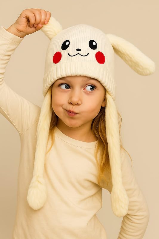 CAPICHINO Funny Moving Ear Cap – Plush Bunny Hat with Air Pump Ears for Kids, Girls & Boys | Cute Animated Animal Winter Hat (White,5-12 Years) - Image 3