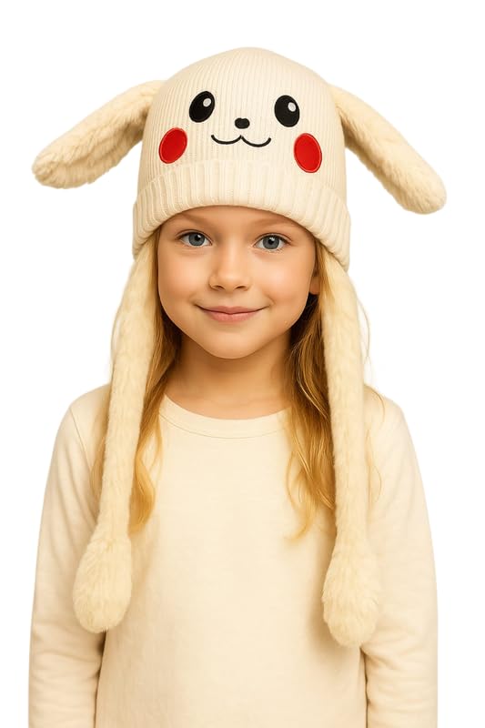 CAPICHINO Funny Moving Ear Cap – Plush Bunny Hat with Air Pump Ears for Kids, Girls & Boys | Cute Animated Animal Winter Hat (White,5-12 Years) - Image 1