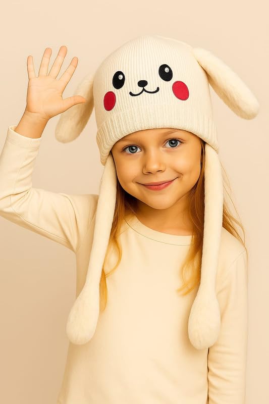 CAPICHINO Funny Moving Ear Cap – Plush Bunny Hat with Air Pump Ears for Kids, Girls & Boys | Cute Animated Animal Winter Hat (White,5-12 Years) - Image 2