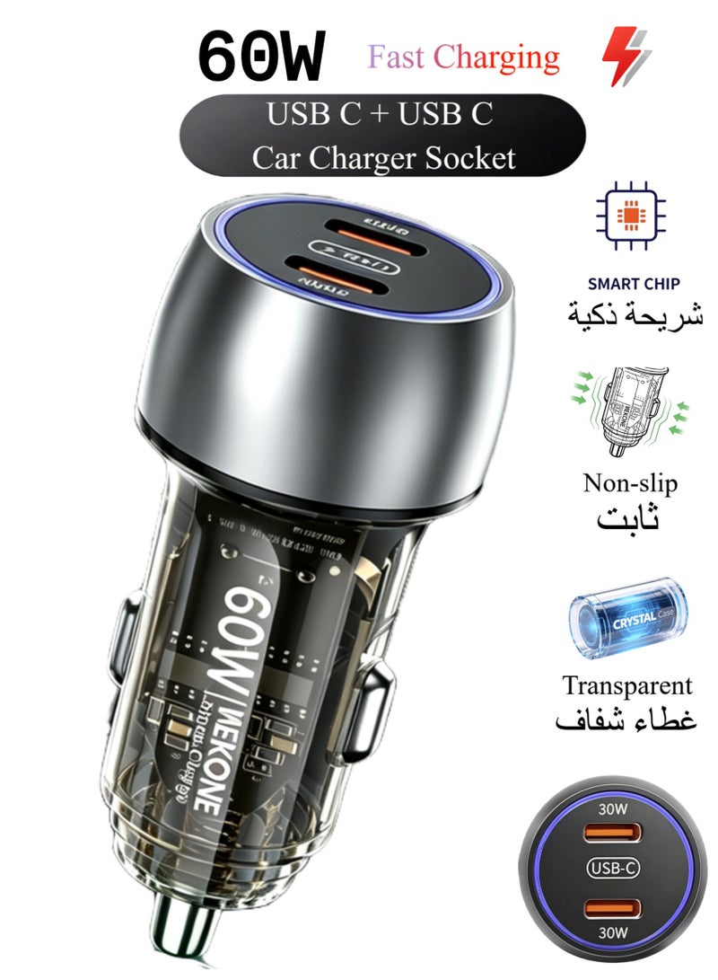 WEKOME 60W Dual USB-C Fast Car Charger, Transparent Shell Exclusive Mold, Multi-Protection Universal Car Power Adapter for Smartphones - Image 1