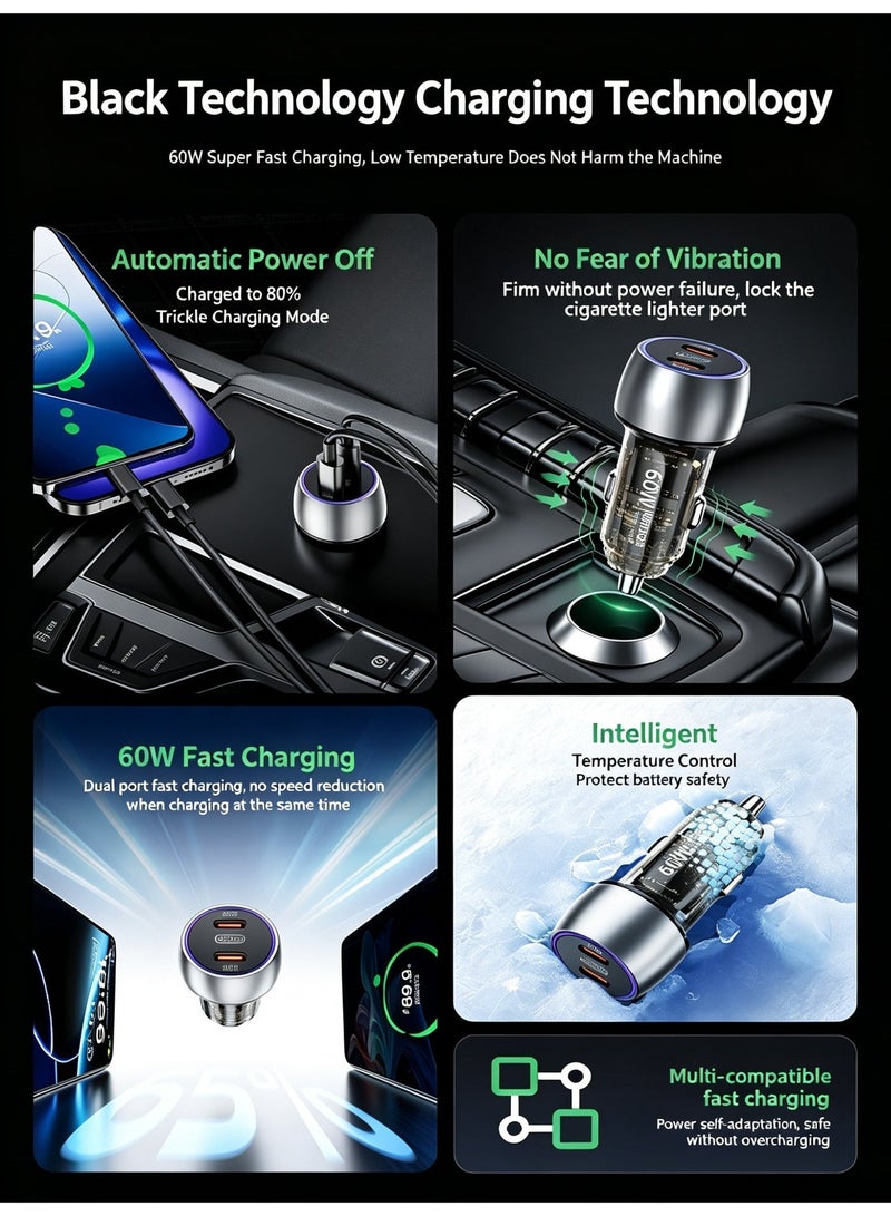 WEKOME 60W Dual USB-C Fast Car Charger, Transparent Shell Exclusive Mold, Multi-Protection Universal Car Power Adapter for Smartphones - Image 2