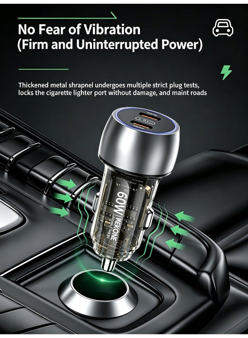 WEKOME 60W Dual USB-C Fast Car Charger, Transparent Shell Exclusive Mold, Multi-Protection Universal Car Power Adapter for Smartphones - Image 3