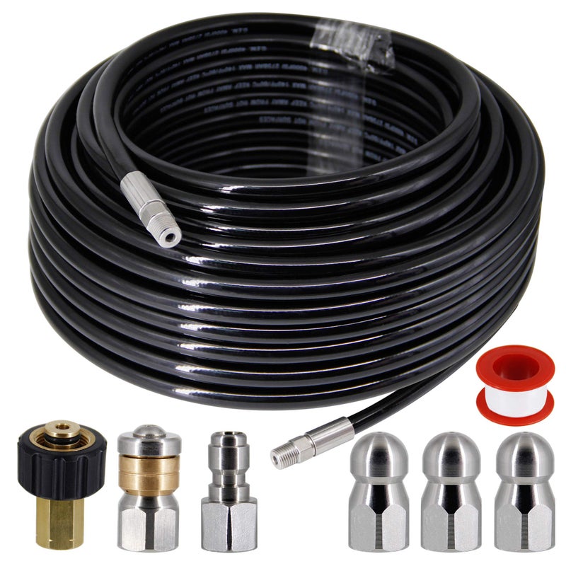 Twinkle Star Sewer Jetter Kit for Pressure Washer -100 ft Hose, 1/4 Inch NPT, Drain Cleaning Hose, Button Nose & Rotating Sewer Jetting Nozzle, Orifice 4.0, 4.5, 5.5, 5800 PSI - Image 1