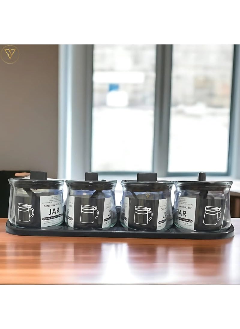 VELEXE - VELEXE Premium Condiment Spice Jar Set 300ml Set of 4 Containers with Lids Spoons Tray Chutney Pickle Jar for Dining Table Transparent Spice Jars for Kitchen Essentials - Image 1