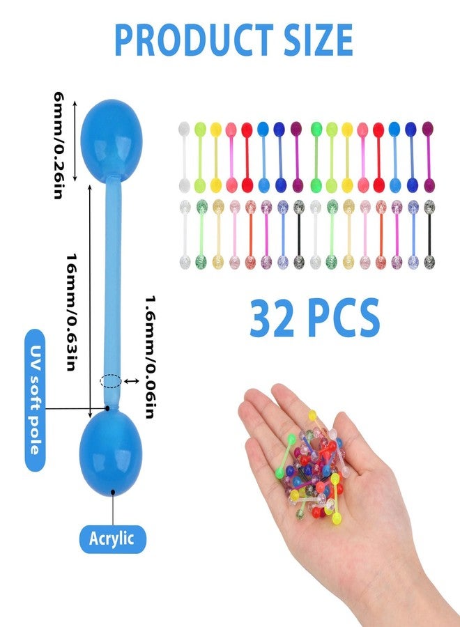 YUEWEESER Tongue Rings Plastic Clear 32Pcs 14G Acrylic Glow in Dark Flexible Straight Barbells Nipple Piercing Jewelry for Women Men Tongue Nippie Piercings 16mm - Image 2