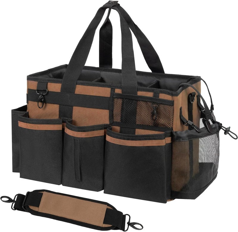 SCAVATA Wearable Cleaning Caddy, Cleaning Caddy Supplies Organizer with Handle & Shoulder Straps for Housekeepers, Under Sink & Car Cleaning Tool Organizers Bag with 4 Foldable Divider (Brown) - Image 1