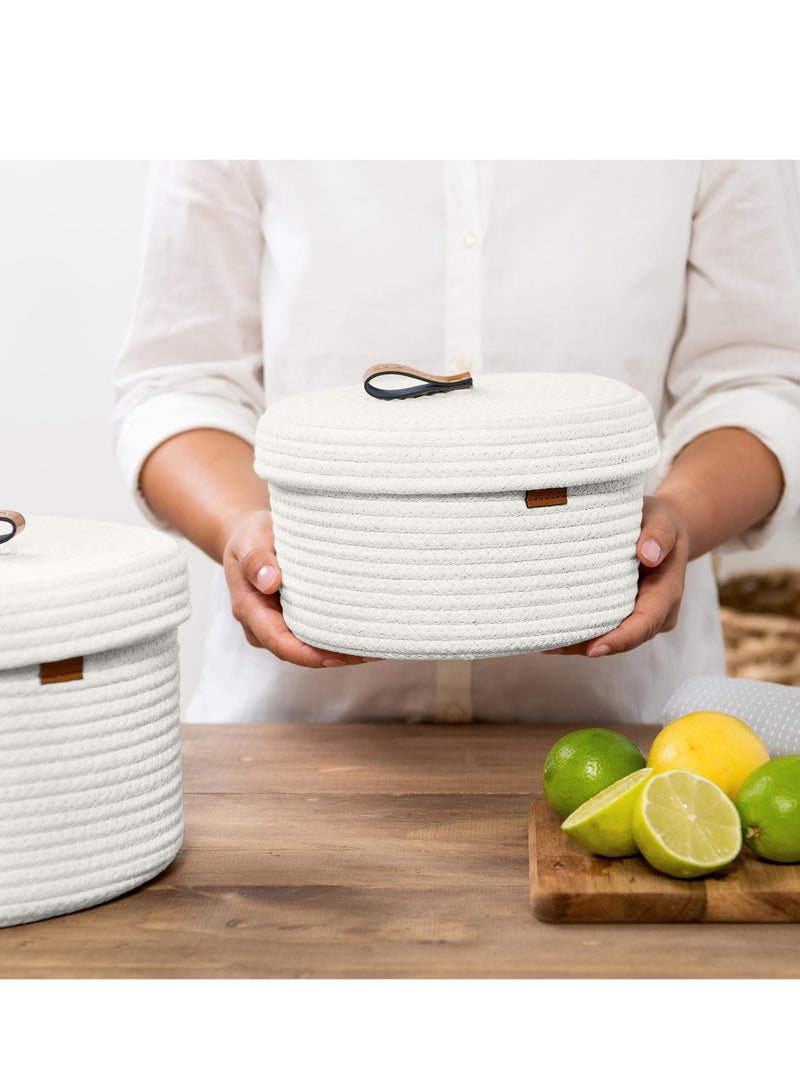 SYOSI 2 PCS Round Cotton Rope Storage Basket with Lid, Decorative Woven Storage Containers Washable Organizer Box Container for Snacks, Towels, Plants, Leather Handle Design(White) - Image 4