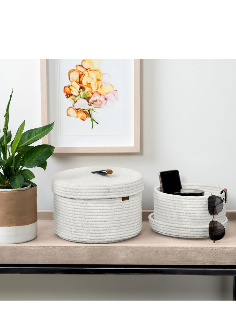 SYOSI 2 PCS Round Cotton Rope Storage Basket with Lid, Decorative Woven Storage Containers Washable Organizer Box Container for Snacks, Towels, Plants, Leather Handle Design(White) - Image 2