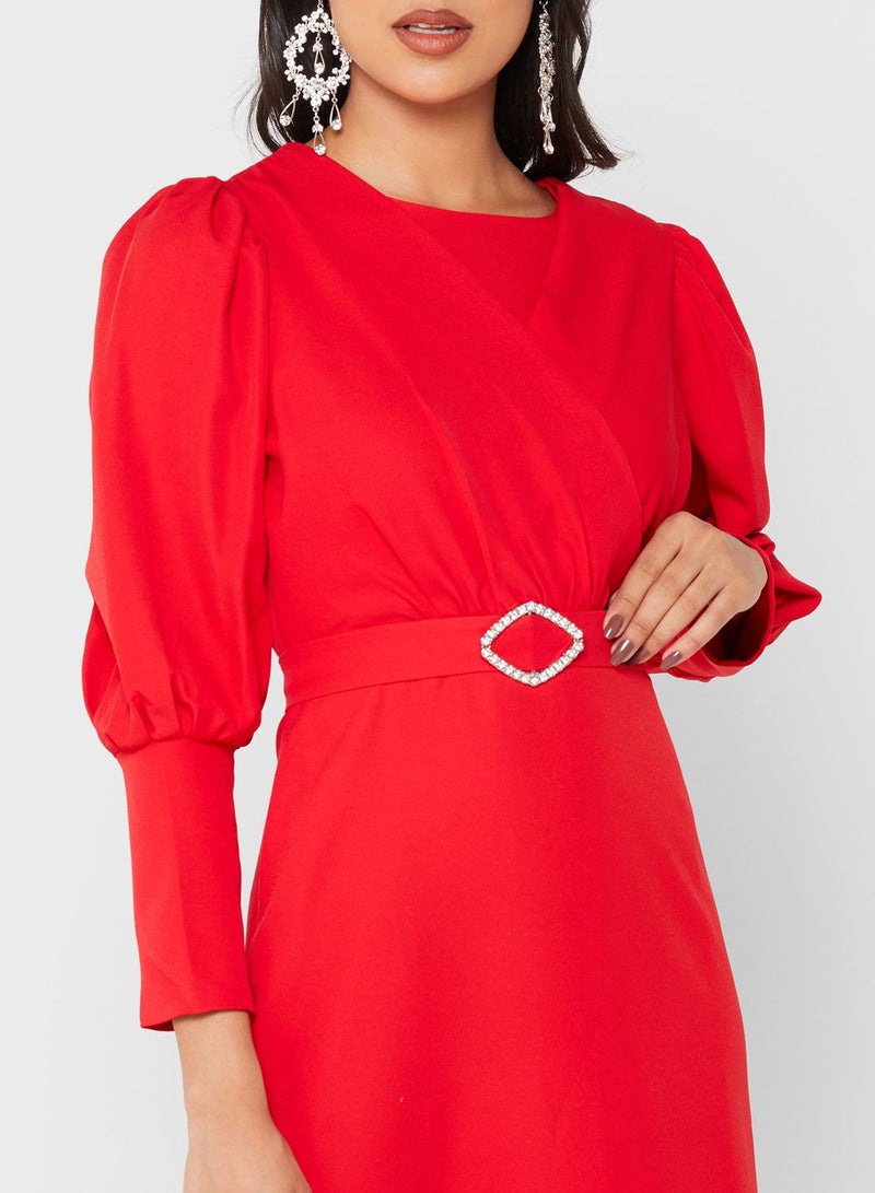 Khizana Red Belted Column Dress - Image 3