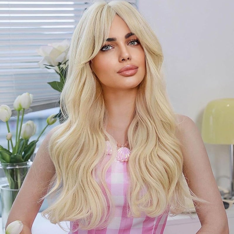 MAGQOO Blonde Wigs for Women Long Curly Wavy Blonde Wig with Bangs Synthetic Heat Resistant Halloween Cosplay Costume Wig