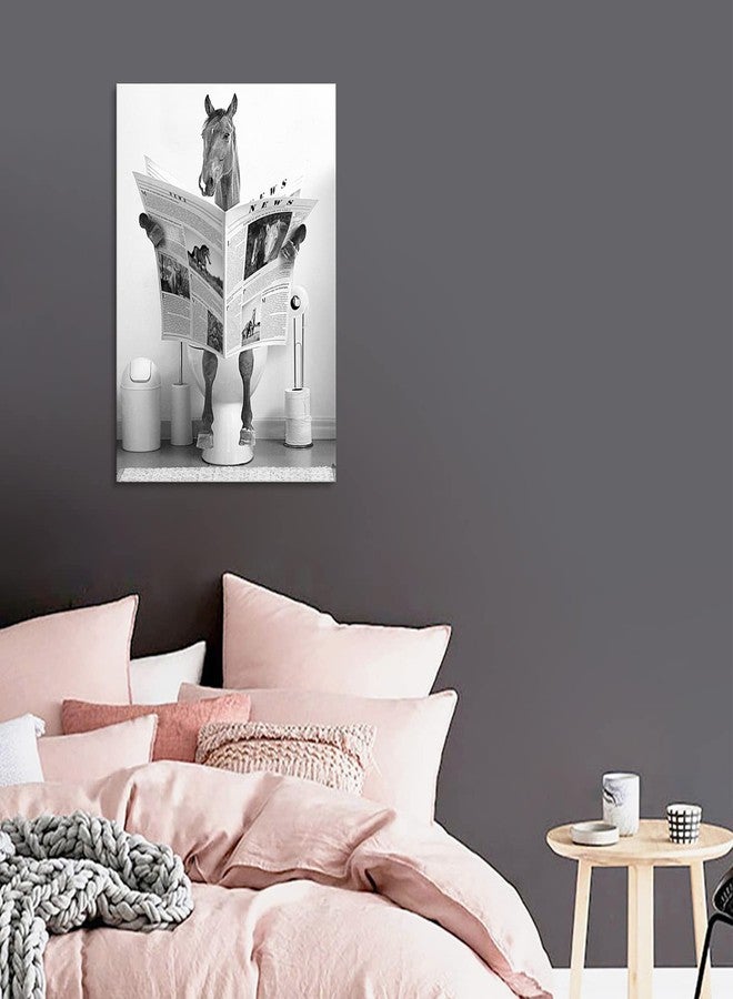 tigeridge Fun Horse Bathroom Canvas Wall Art - Black & White Horse Sitting on Toilet Reading Newspaper - 12" x 16" Ready to Hang - Image 4