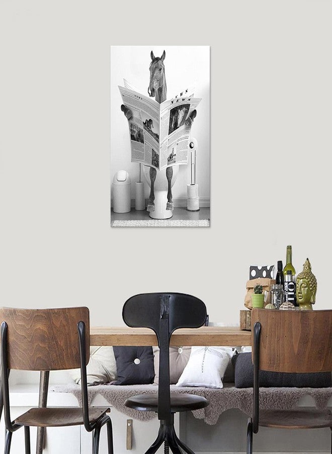 tigeridge Fun Horse Bathroom Canvas Wall Art - Black & White Horse Sitting on Toilet Reading Newspaper - 12" x 16" Ready to Hang - Image 5