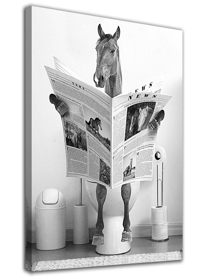 tigeridge Fun Horse Bathroom Canvas Wall Art - Black & White Horse Sitting on Toilet Reading Newspaper - 12" x 16" Ready to Hang - Image 1