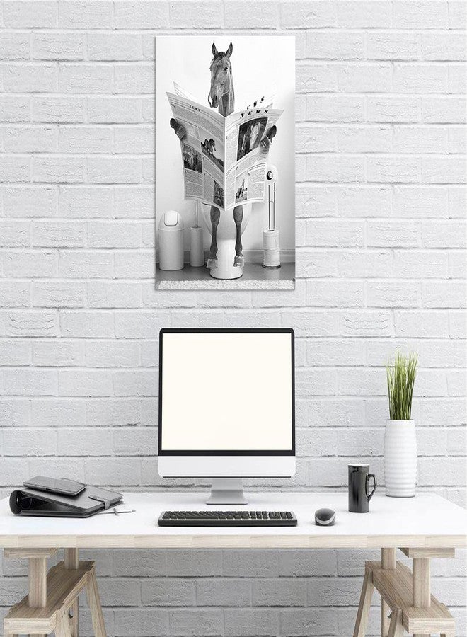 tigeridge Fun Horse Bathroom Canvas Wall Art - Black & White Horse Sitting on Toilet Reading Newspaper - 12" x 16" Ready to Hang - Image 3