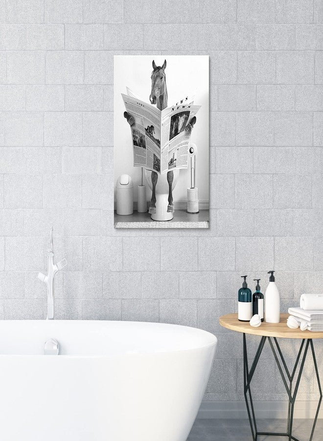 tigeridge Fun Horse Bathroom Canvas Wall Art - Black & White Horse Sitting on Toilet Reading Newspaper - 12" x 16" Ready to Hang - Image 2