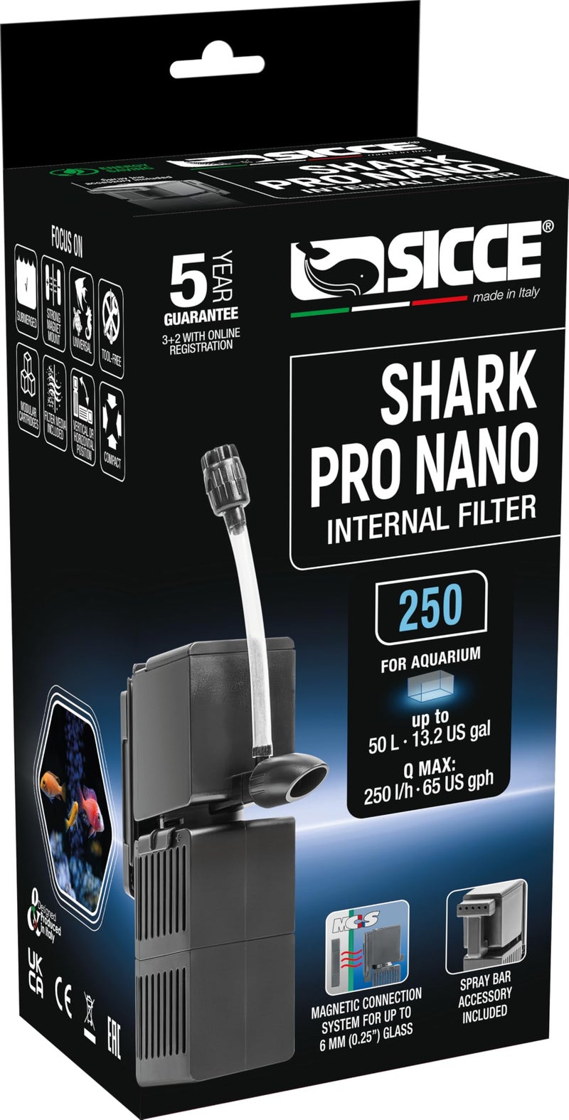 Sicce Shark Pro Nano 250 Internal 65 GPH Aquarium Power Filter up to 13 Gallon Aquariums Quiet Spray Bar Mini Fish Turtle Pond Tank