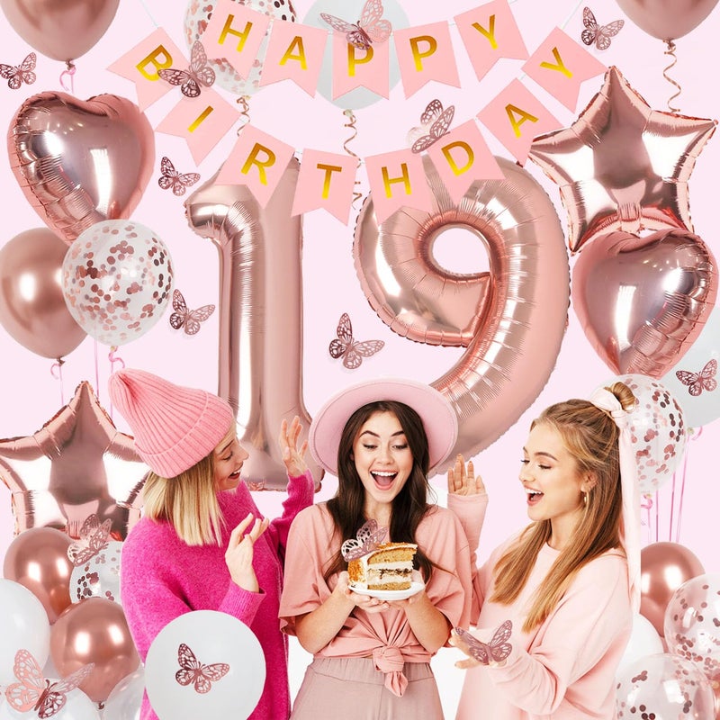 VBEOLLOV Rose Gold 19th Birthday Decorations for Girl Women, 19 Year Old Sign with Happy Birthday Banner, 40In Number 19 Foil Birthday Balloons, Butterfly Decorations, Heart and Star Balloons - Image 3