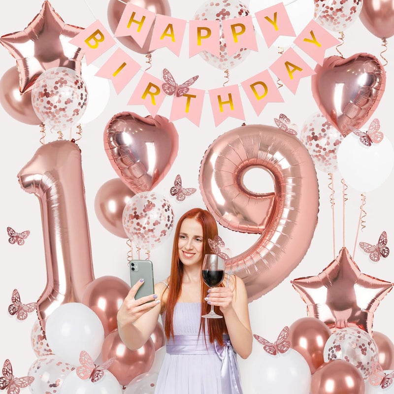 VBEOLLOV Rose Gold 19th Birthday Decorations for Girl Women, 19 Year Old Sign with Happy Birthday Banner, 40In Number 19 Foil Birthday Balloons, Butterfly Decorations, Heart and Star Balloons - Image 4