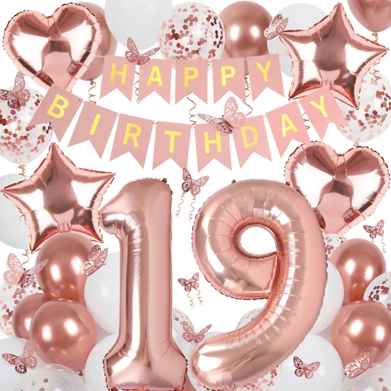 VBEOLLOV Rose Gold 19th Birthday Decorations for Girl Women, 19 Year Old Sign with Happy Birthday Banner, 40In Number 19 Foil Birthday Balloons, Butterfly Decorations, Heart and Star Balloons - Image 1