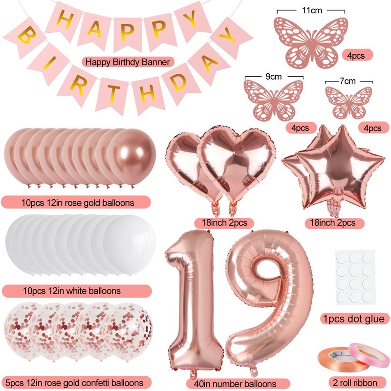VBEOLLOV Rose Gold 19th Birthday Decorations for Girl Women, 19 Year Old Sign with Happy Birthday Banner, 40In Number 19 Foil Birthday Balloons, Butterfly Decorations, Heart and Star Balloons - Image 2