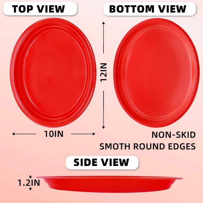 BONSINY 50 Count Red Plates Disposable Heavy Duty 10"" x 12"" Oval Plastic Party Plates - Red Plastic Plates for Party Birthday Picnic Valentine's Day Easter - Image 1