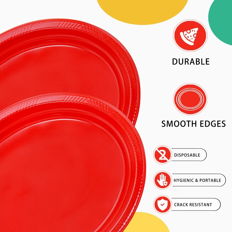 BONSINY 50 Count Red Plates Disposable Heavy Duty 10"" x 12"" Oval Plastic Party Plates - Red Plastic Plates for Party Birthday Picnic Valentine's Day Easter - Image 2