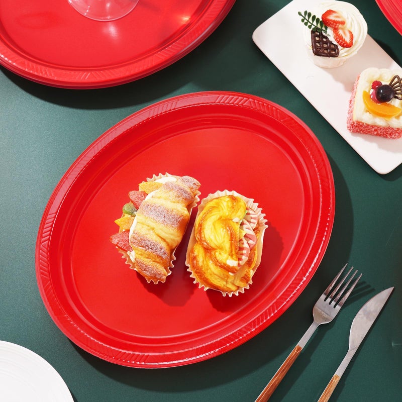BONSINY 50 Count Red Plates Disposable Heavy Duty 10"" x 12"" Oval Plastic Party Plates - Red Plastic Plates for Party Birthday Picnic Valentine's Day Easter - Image 3