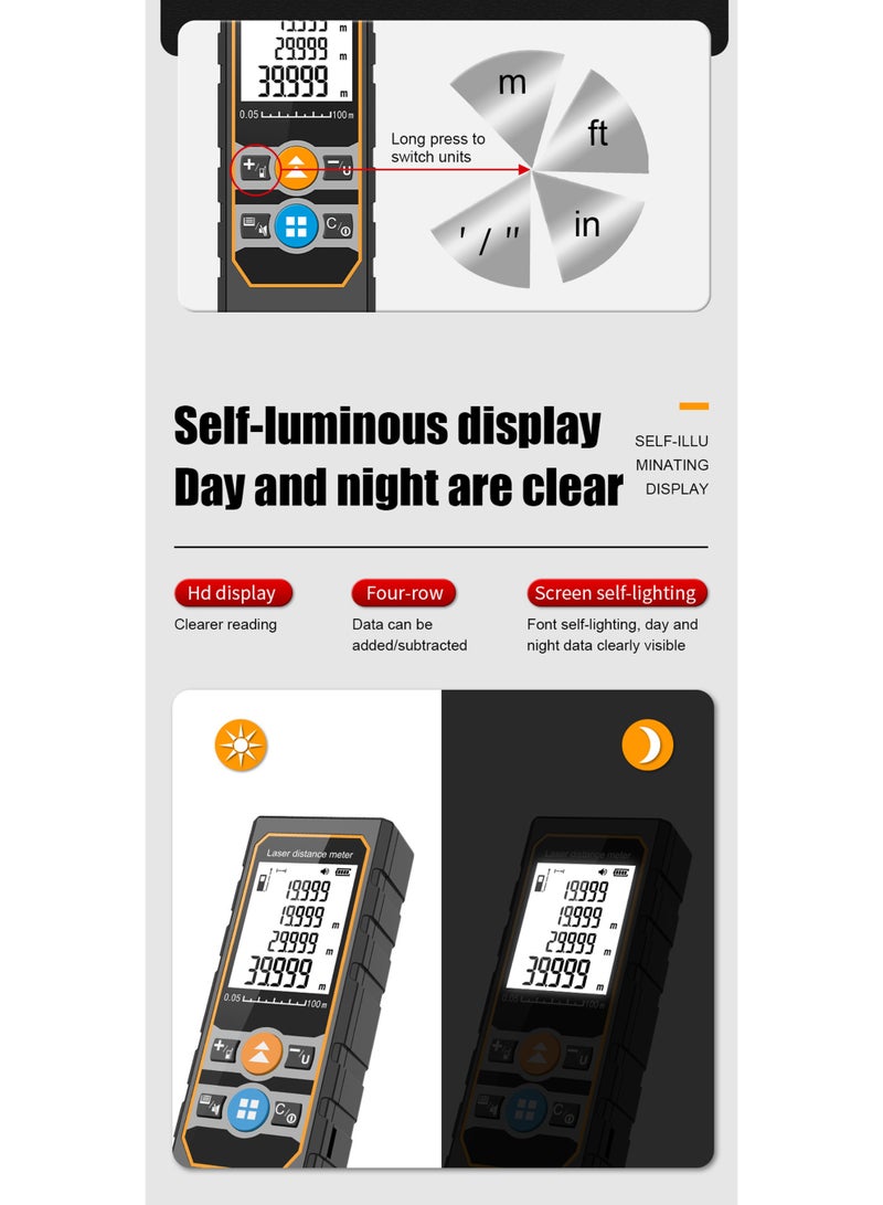 كادراما مقياس ليزر ١٠٠ متر، شريط قياس ليزر رقمي، أداة قياس ليزر، عداد مسافة ليزر مع مستشعر زاوية، ١٠٠ مجموعة بيانات، وحدات متعددة قدم/بوصة/متر، الطول/المساحة/الحجم/وضع فيثاغورس، أداة قياس صناعية - Image 5