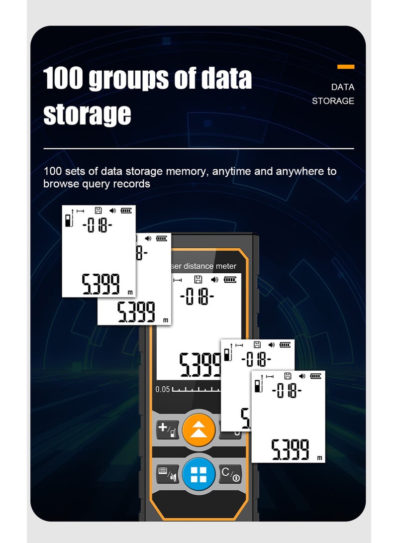 كادراما مقياس ليزر ١٠٠ متر، شريط قياس ليزر رقمي، أداة قياس ليزر، عداد مسافة ليزر مع مستشعر زاوية، ١٠٠ مجموعة بيانات، وحدات متعددة قدم/بوصة/متر، الطول/المساحة/الحجم/وضع فيثاغورس، أداة قياس صناعية - Image 3