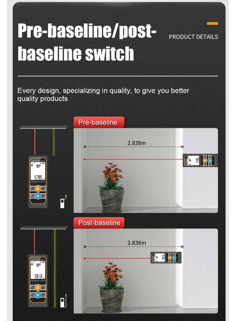 كادراما مقياس ليزر ١٠٠ متر، شريط قياس ليزر رقمي، أداة قياس ليزر، عداد مسافة ليزر مع مستشعر زاوية، ١٠٠ مجموعة بيانات، وحدات متعددة قدم/بوصة/متر، الطول/المساحة/الحجم/وضع فيثاغورس، أداة قياس صناعية - Image 4