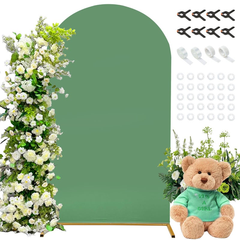 Dexpinzo 7.2FT Arch Fabric Backdrop Cover, Green Spandex Round Top Arch Stand Cover with Balloon Tie Tool for Wedding Ceremony Baby Bridal Shower Gender Reveal Birthday Party Photo Background Decorations - Image 1