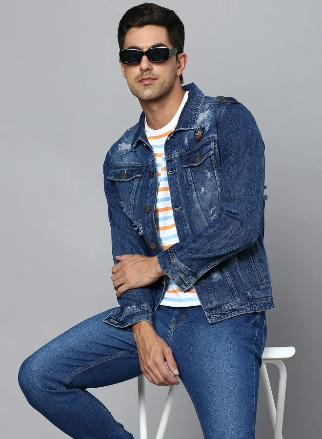 HIGH STAR Men Blue Washed Denim Jacket