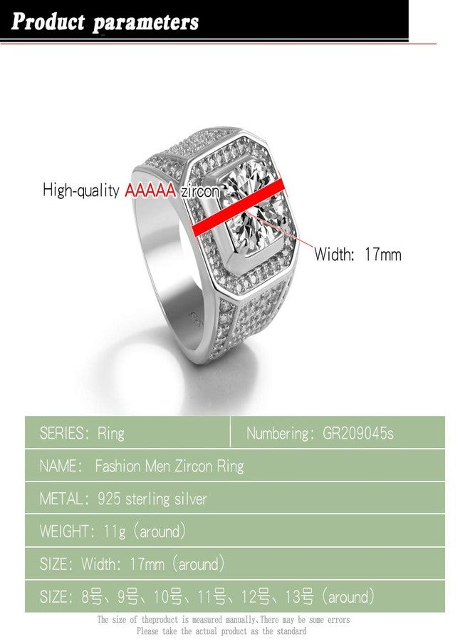 Dankadi Noble Men's 925 Silver Ring-Square Cubic Zircon Inlaid-Classic Ring-Fashion Silver Jewelry-Party Accessories 8-13# silver - Image 2