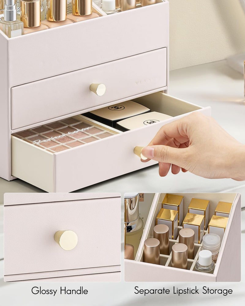 Vlando Vlando Makeup Organizer Skincare Organizer for Vanity PU Leather Make up Organizer with Drawers Cosmetic Display Case for Countertop Bathroom Gifts Ideas for Women (Apricot White)  - Image 3