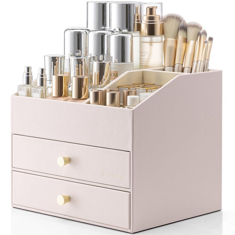 Vlando Vlando Makeup Organizer Skincare Organizer for Vanity PU Leather Make up Organizer with Drawers Cosmetic Display Case for Countertop Bathroom Gifts Ideas for Women (Apricot White)  - Image 1