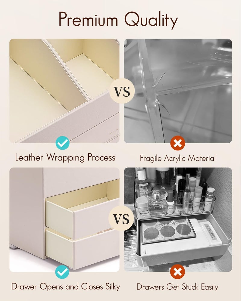 Vlando Vlando Makeup Organizer Skincare Organizer for Vanity PU Leather Make up Organizer with Drawers Cosmetic Display Case for Countertop Bathroom Gifts Ideas for Women (Apricot White)  - Image 5