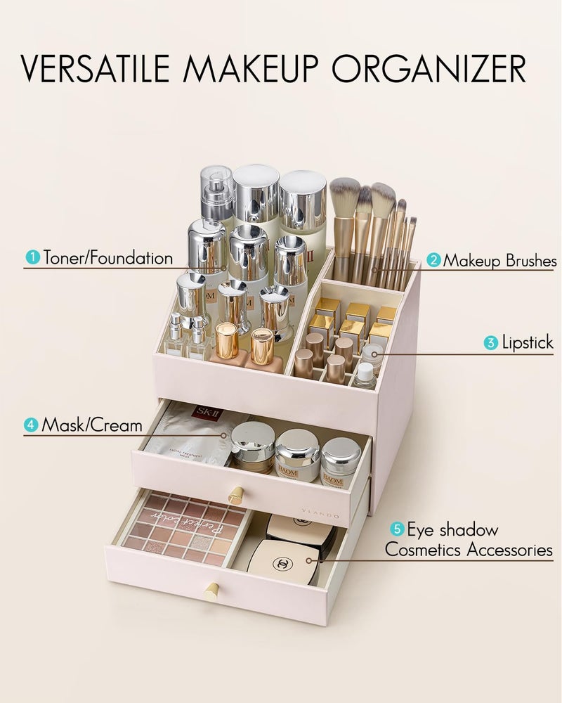 Vlando Vlando Makeup Organizer Skincare Organizer for Vanity PU Leather Make up Organizer with Drawers Cosmetic Display Case for Countertop Bathroom Gifts Ideas for Women (Apricot White)  - Image 2