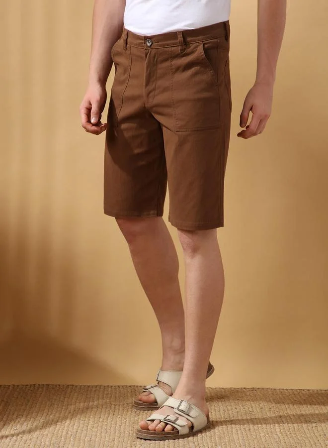 Dennis Lingo Men's Brown 100% Cotton Solid Pattern Cropped Length Casual Regular Fit Shorts