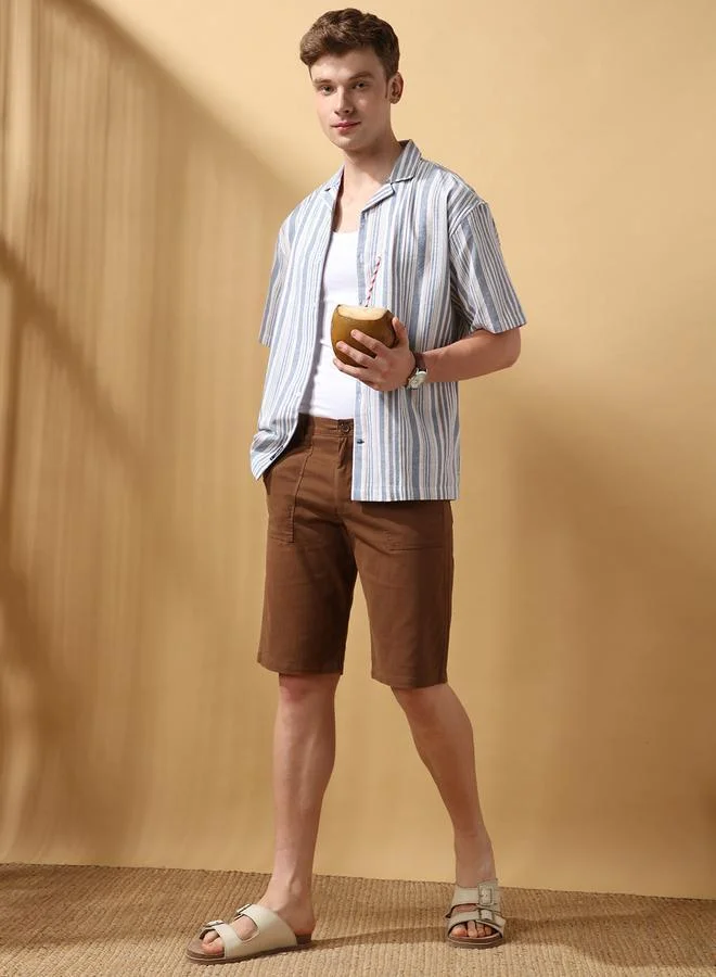 Dennis Lingo Men's Brown 100% Cotton Solid Pattern Cropped Length Casual Regular Fit Shorts