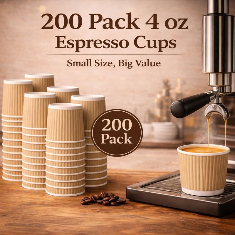 Barafat 200pcs 4oz Paper Espresso Cups Ripple Wall Hot Cups For Coffee Disposable Coffee Cup Paper Hot/Cold Drinking Cups for Party, Picnic, Travel and Events (200, Khaki) - Image 2
