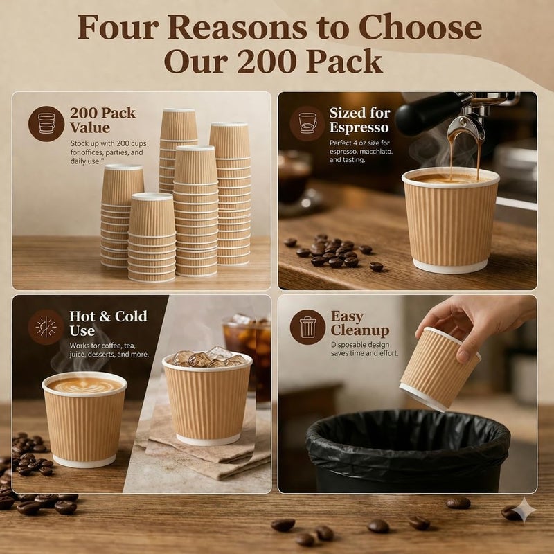 Barafat 200pcs 4oz Paper Espresso Cups Ripple Wall Hot Cups For Coffee Disposable Coffee Cup Paper Hot/Cold Drinking Cups for Party, Picnic, Travel and Events (200, Khaki) - Image 4