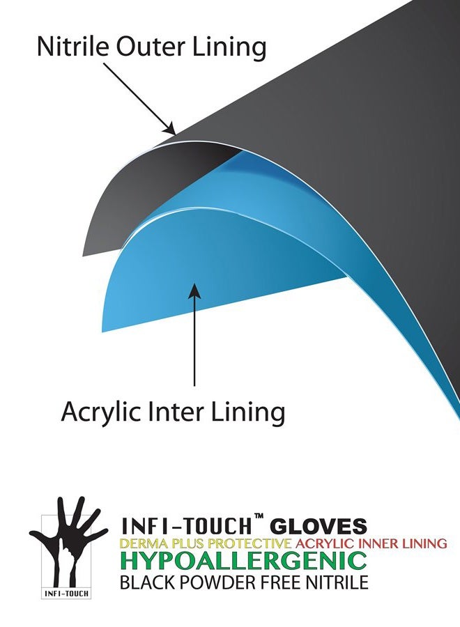 Infi-Touch قفازات نيتريل سوداء، بوليمر مشترك مضاد للحساسية بسماكة 6 مل، قفازات قابلة للتصرف، خالية من البودرة، غير معقمة، مناسبة لليد اليمنى واليسرى، مزودة بنسيج في أطراف الأصابع، عبوة تحتوي على 100 قطعة، الحجم كبير. - Image 2